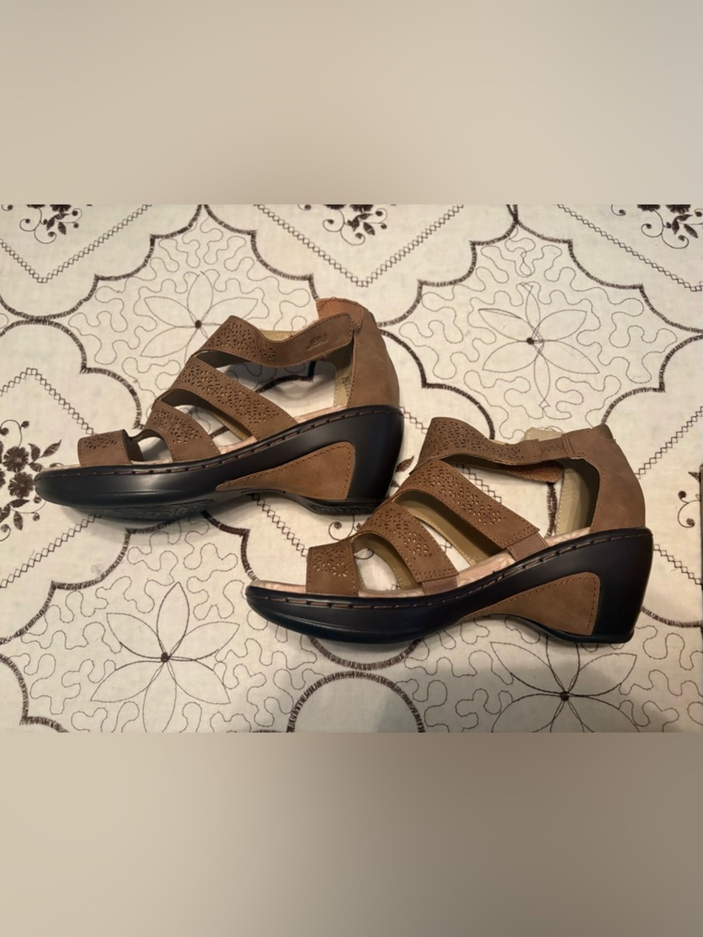 JBU Brown Laser-Cut Strappy Wedge Sandals - Picture 2 of 6